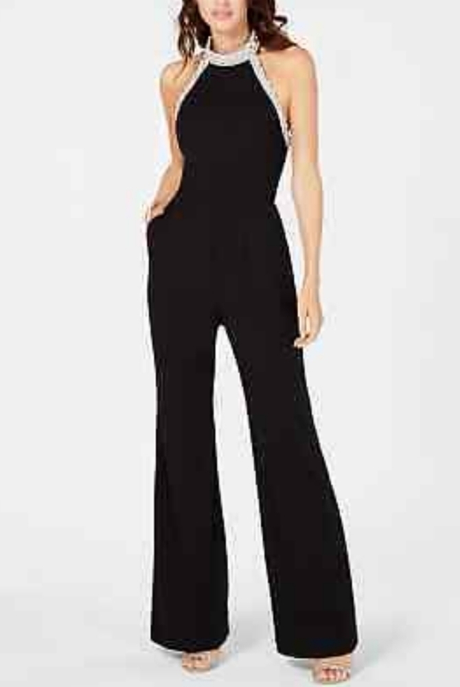 𝅺Adrianna Papell Black faux Pearl Halter Neck Jumpsuit